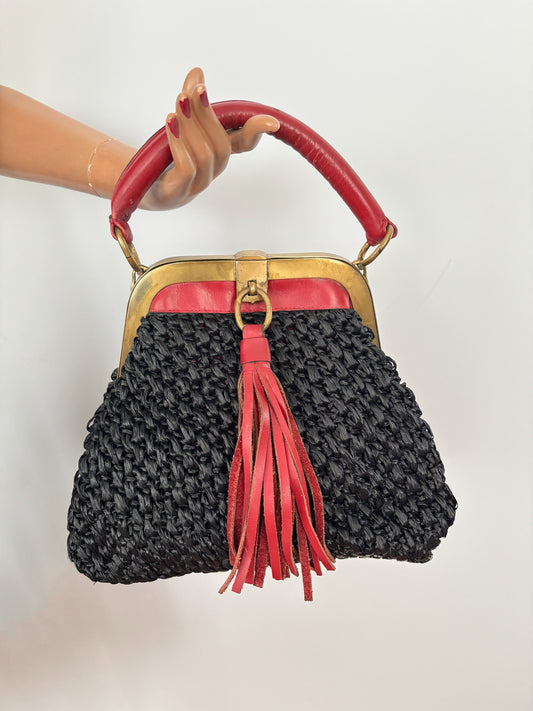 1960s Donna Esa Raffia Leather Statement Handbag