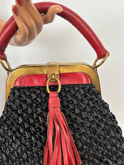 1960s Donna Esa Raffia Leather Statement Handbag