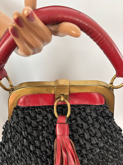 1960s Donna Esa Raffia Leather Statement Handbag