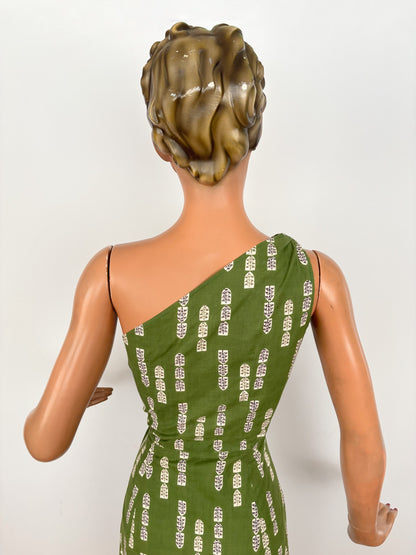 XS | 1950s Style One Shoulder Green Cotton Dress