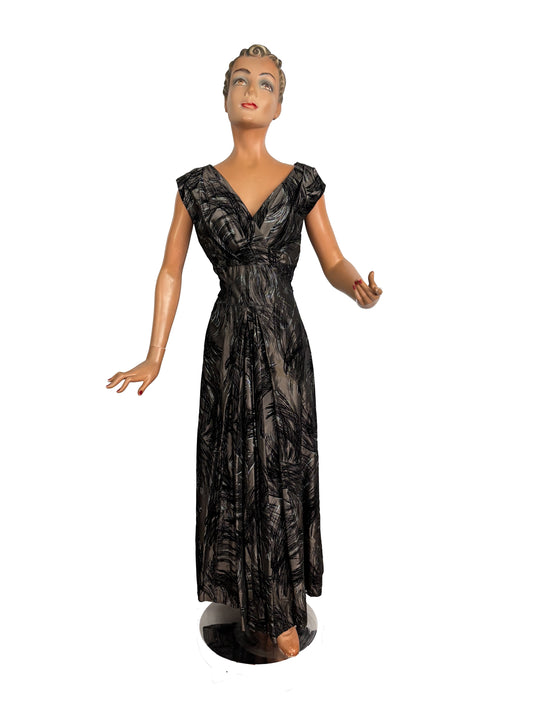 M | 1950s Grey Taffeta Evening Dress with Flock Print