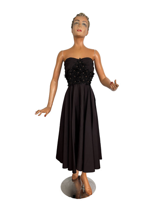 S | 1950s Black Taffeta Strapless Cocktail Dress with Appliqué Flowers