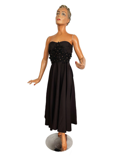 S | 1950s Black Taffeta Strapless Cocktail Dress with Appliqué Flowers