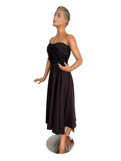 S | 1950s Black Taffeta Strapless Cocktail Dress with Appliqué Flowers