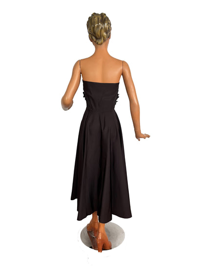 S | 1950s Black Taffeta Strapless Cocktail Dress with Appliqué Flowers