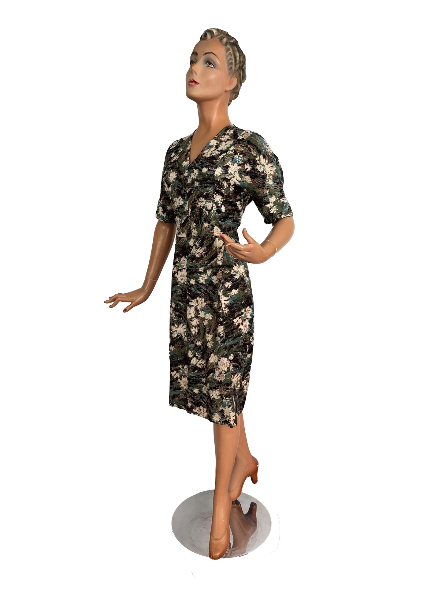 L | 1950s Wool Dress in Green, Brown and Cream Floral Pattern