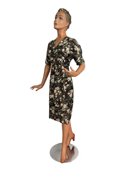 L | 1950s Wool Dress in Green, Brown and Cream Floral Pattern