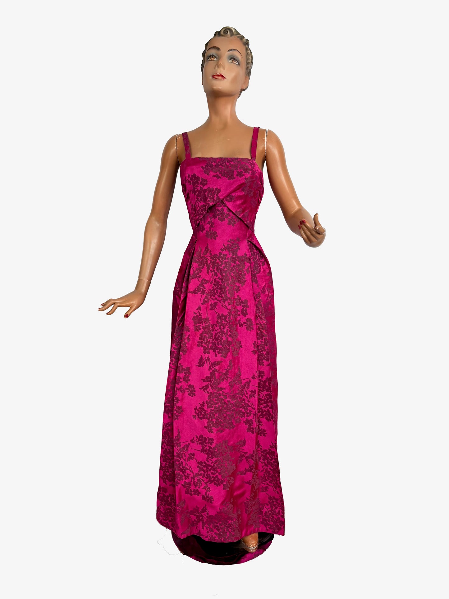 S | 1950s Fuchsia Brocade Evening Dress