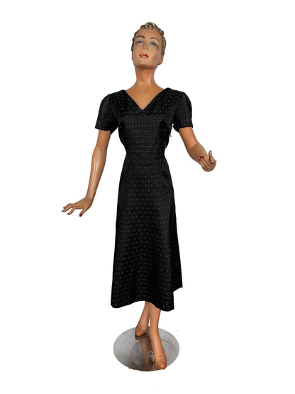 L | 1950s Black Rayon Jacquard Dress with Green Floral Weave