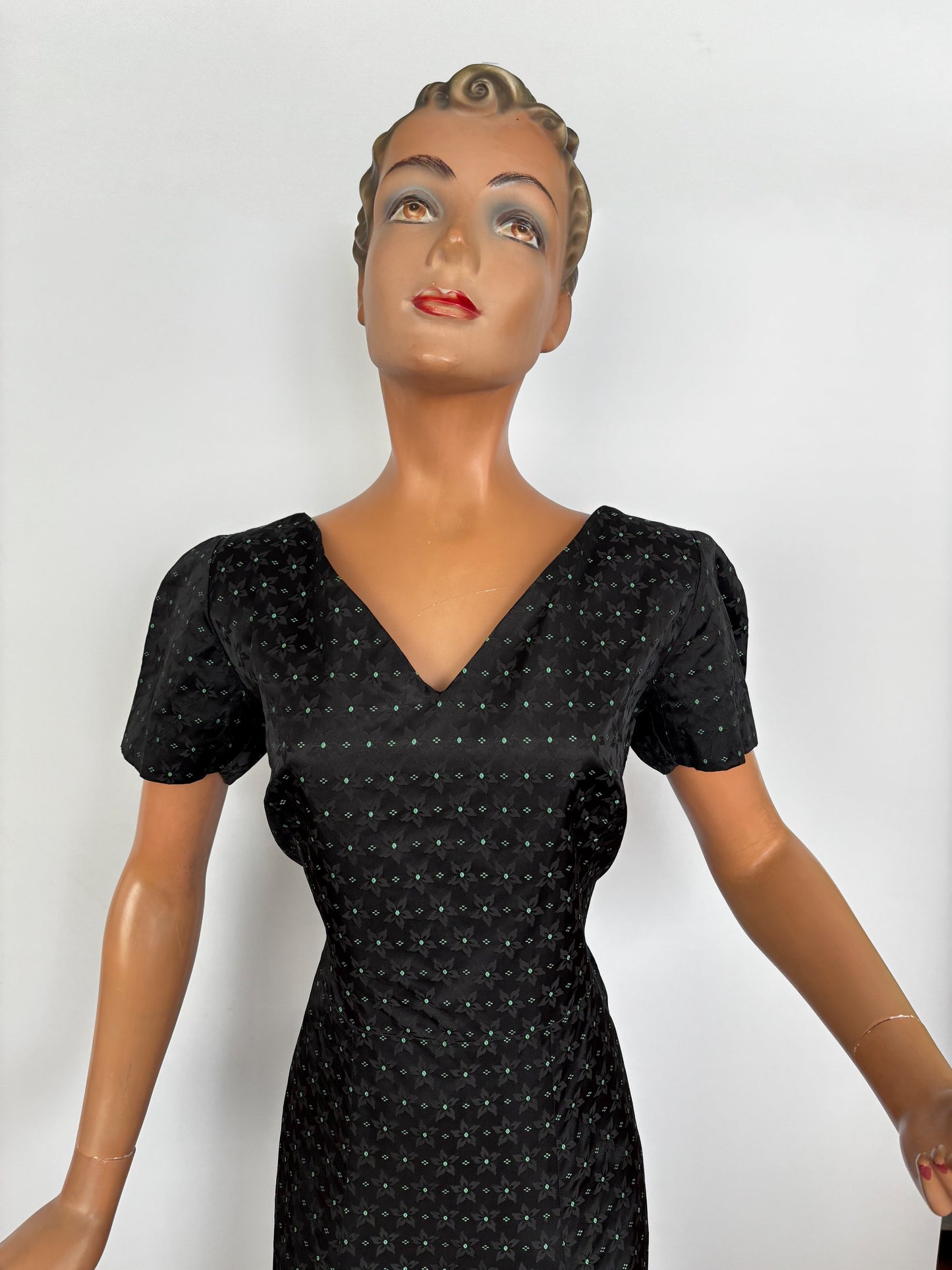L | 1950s Black Rayon Jacquard Dress with Green Floral Weave
