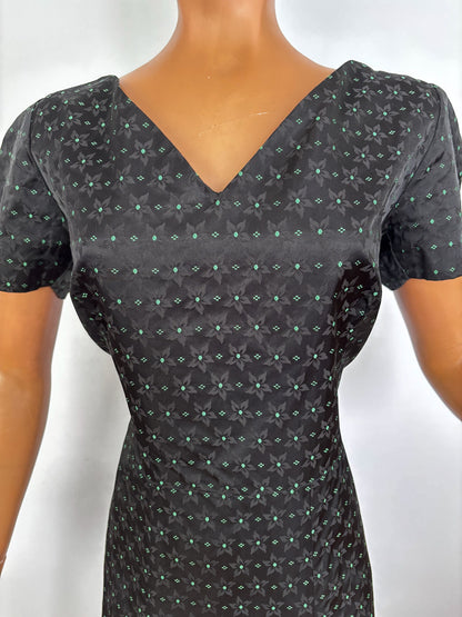 L | 1950s Black Rayon Jacquard Dress with Green Floral Weave