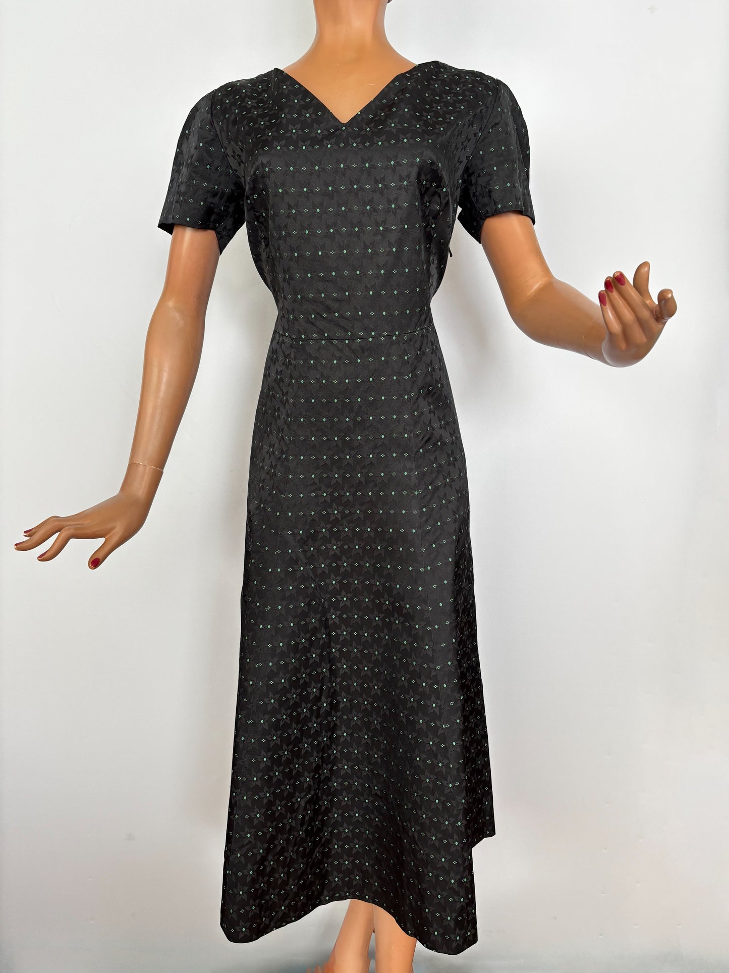 L | 1950s Black Rayon Jacquard Dress with Green Floral Weave