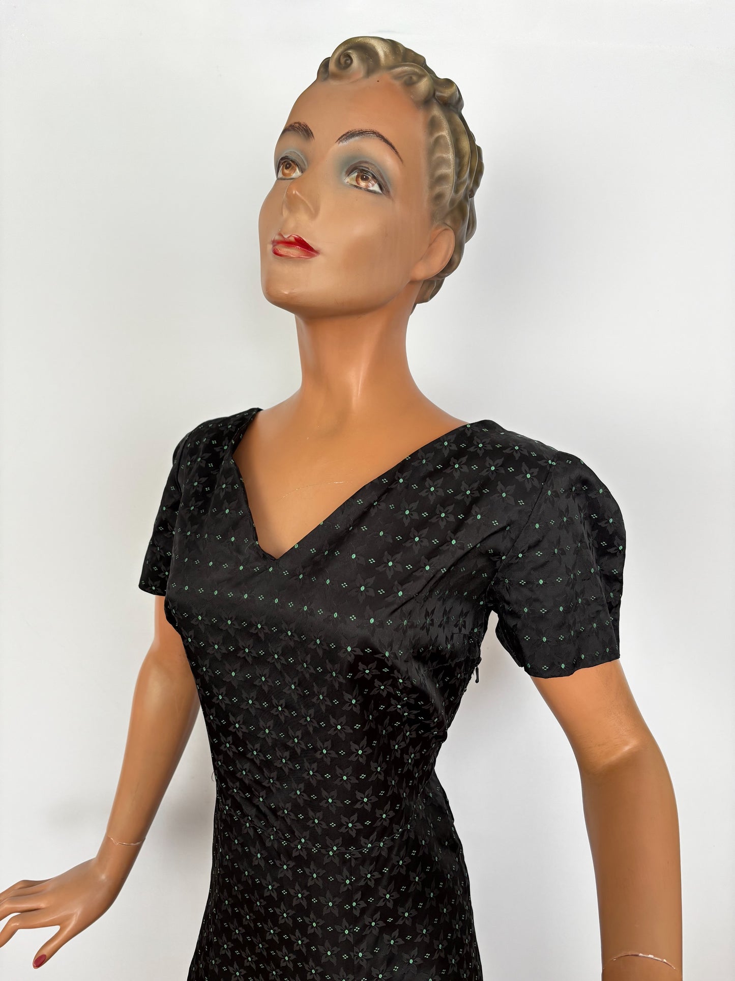 L | 1950s Black Rayon Jacquard Dress with Green Floral Weave