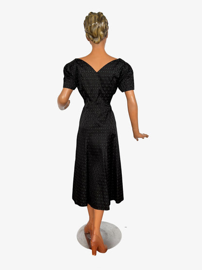L | 1950s Black Rayon Jacquard Dress with Green Floral Weave