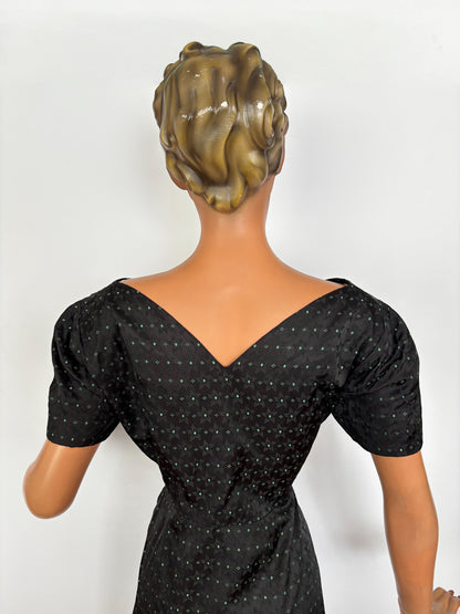L | 1950s Black Rayon Jacquard Dress with Green Floral Weave