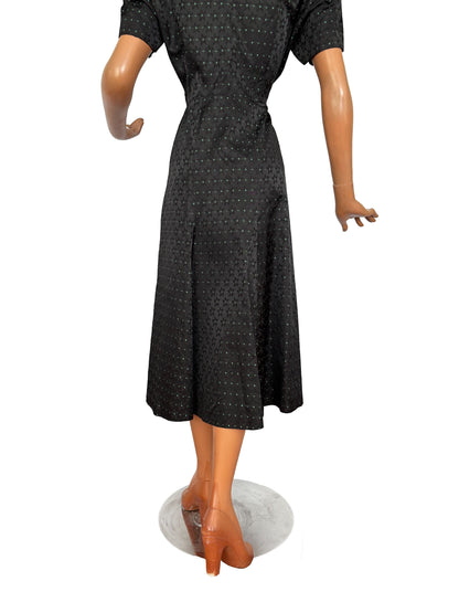 L | 1950s Black Rayon Jacquard Dress with Green Floral Weave