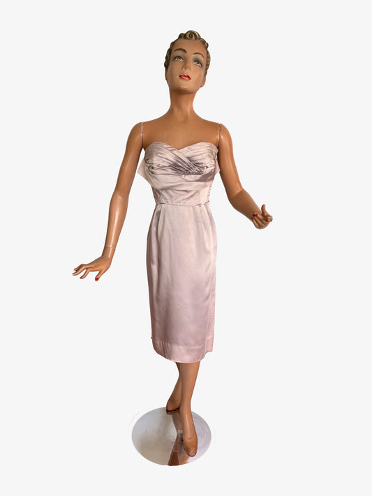 1950s Pearl Grey Satin Pencil Dress | XXS/XS