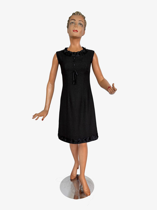 S | 1960s Little Black Lurex Dress With Satin Trim