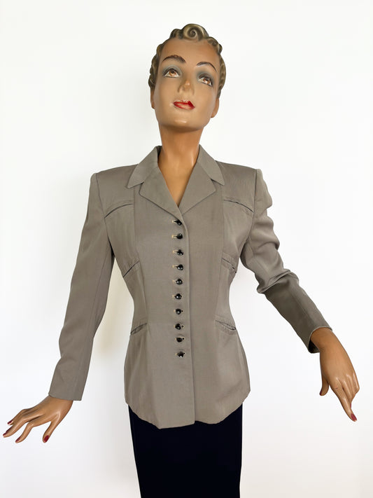 1940s Fitted Gray Gabardine Wool Jacket | Size Small/Medium
