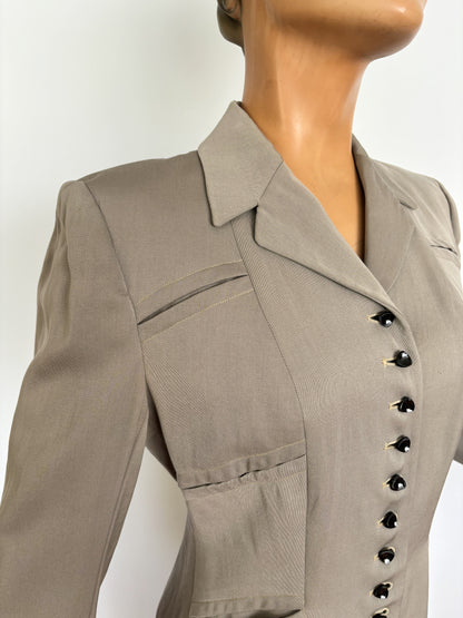 1940s Fitted Gray Gabardine Wool Jacket | Size Small/Medium