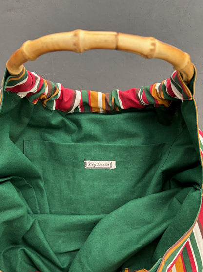1950s Style Striped Cotton Handbag w. Bamboo Handles