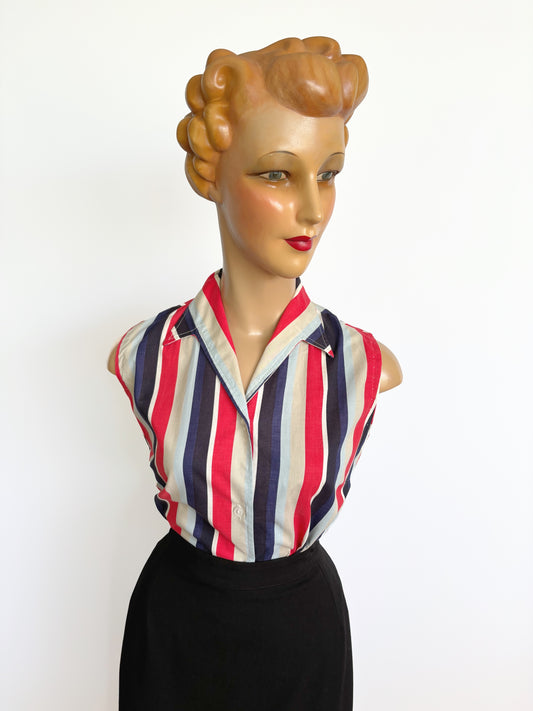 1940s Sleeveless Poplin Striped Blouse | Size Small/Medium
