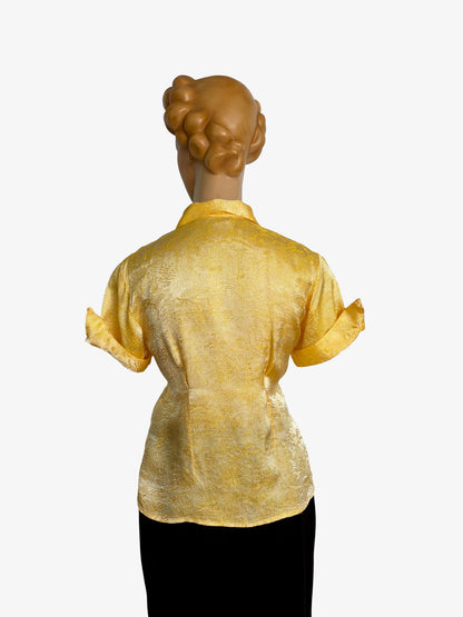 1950s/60s Yellow Gold Asian Style Brocade Blouse | S/M
