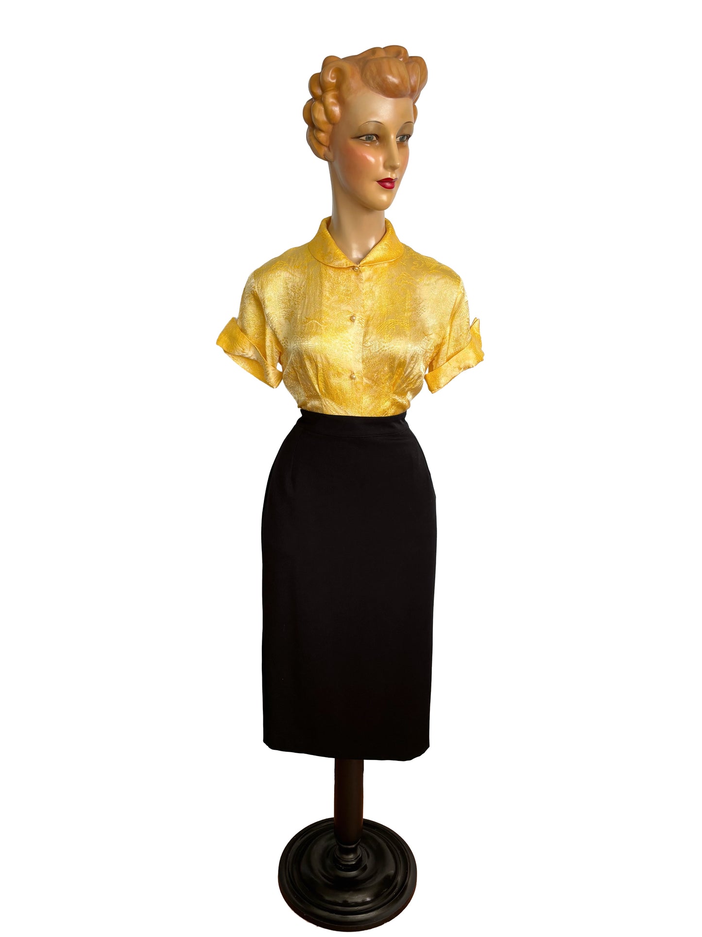 1950s/60s Yellow Gold Asian Style Brocade Blouse | S/M