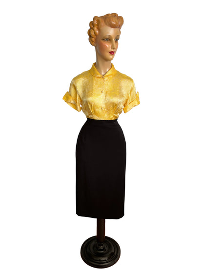 1950s/60s Yellow Gold Asian Style Brocade Blouse | S/M
