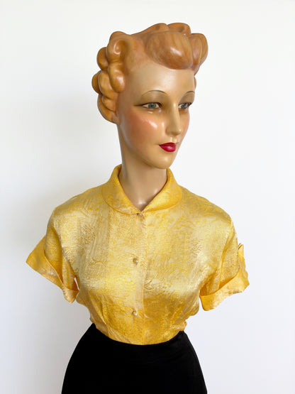 1950s/60s Yellow Gold Asian Style Brocade Blouse | Size Small/Medium