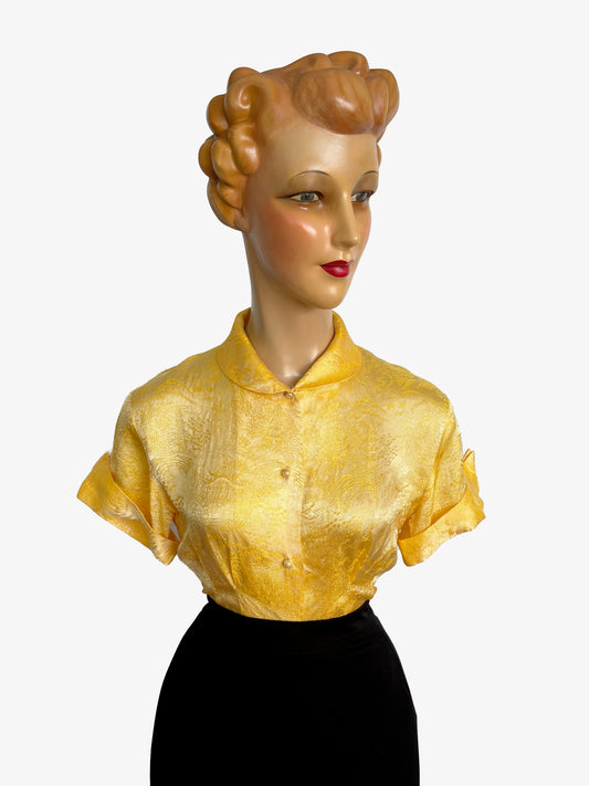 1950s/60s Yellow Gold Asian Style Brocade Blouse | Size Small/Medium