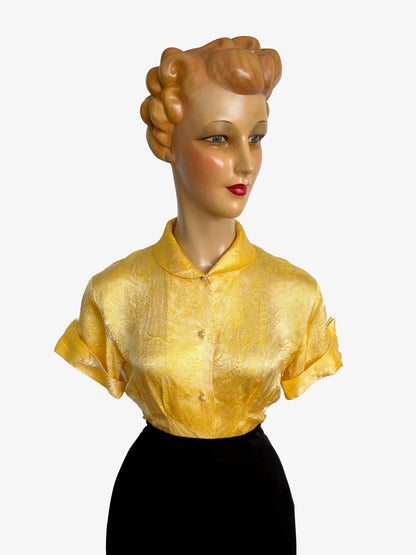 1950s/60s Yellow Gold Asian Style Brocade Blouse | S/M
