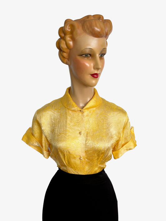 1950s/60s Yellow Gold Asian Style Brocade Blouse | S/M