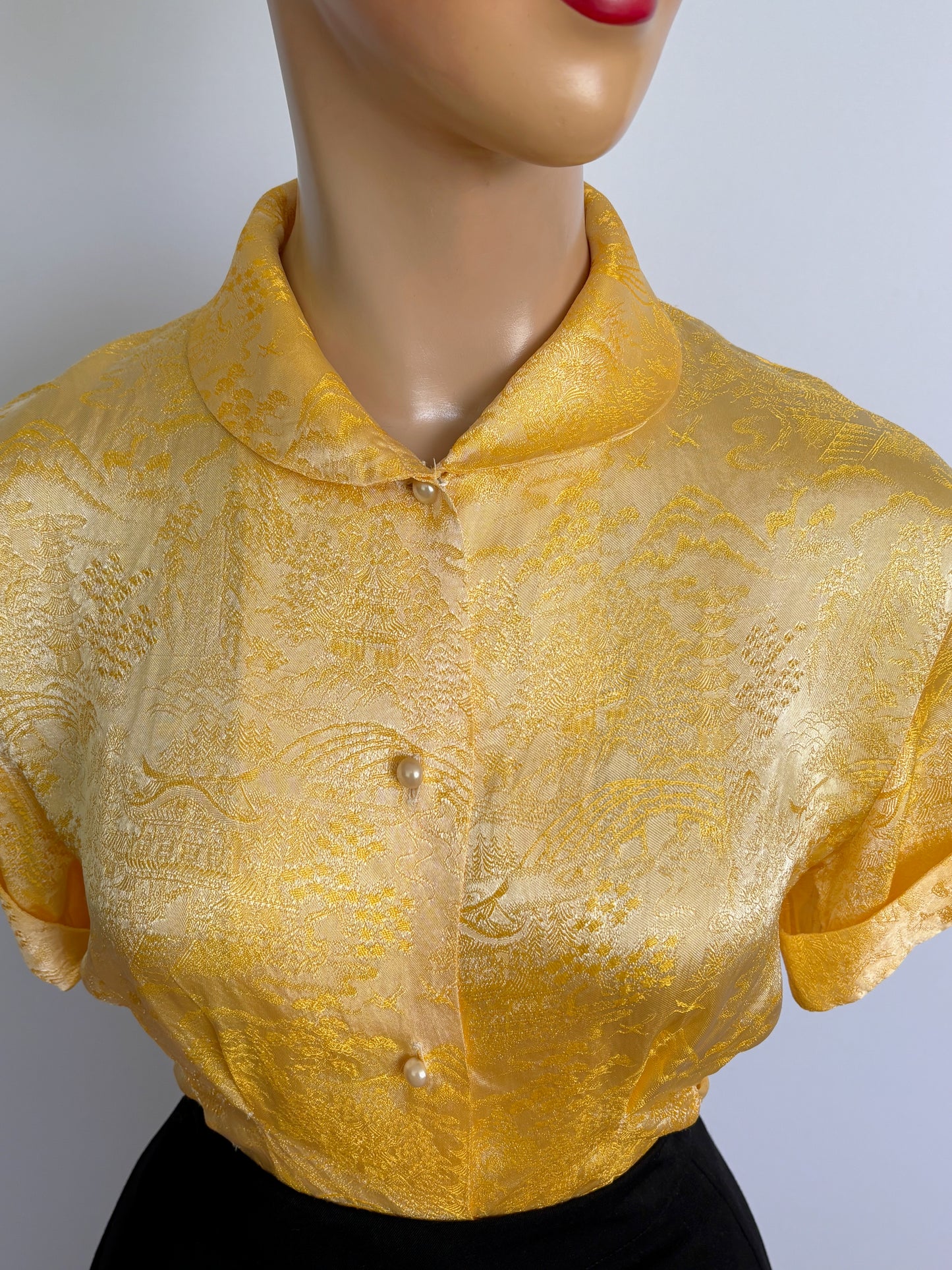 1950s/60s Yellow Gold Asian Style Brocade Blouse | S/M