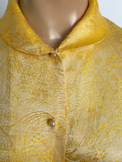 1950s/60s Yellow Gold Asian Style Brocade Blouse | S/M