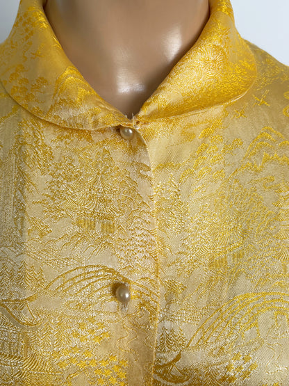 1950s/60s Yellow Gold Asian Style Brocade Blouse | Size Small/Medium