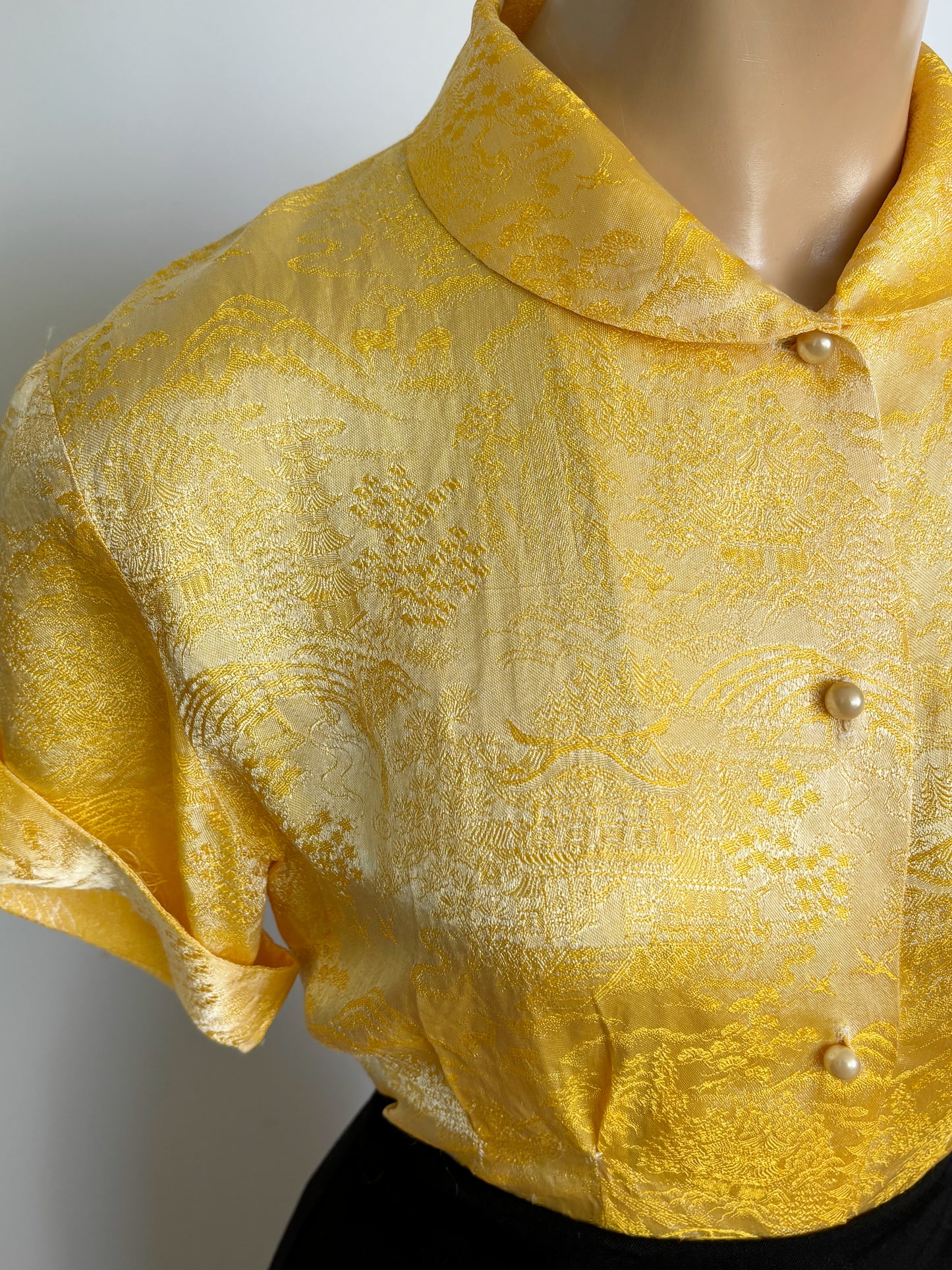 1950s/60s Yellow Gold Asian Style Brocade Blouse | S/M