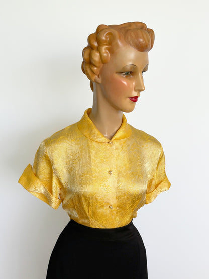1950s/60s Yellow Gold Asian Style Brocade Blouse | S/M