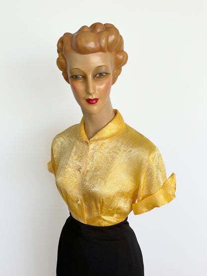 1950s/60s Yellow Gold Asian Style Brocade Blouse | S/M