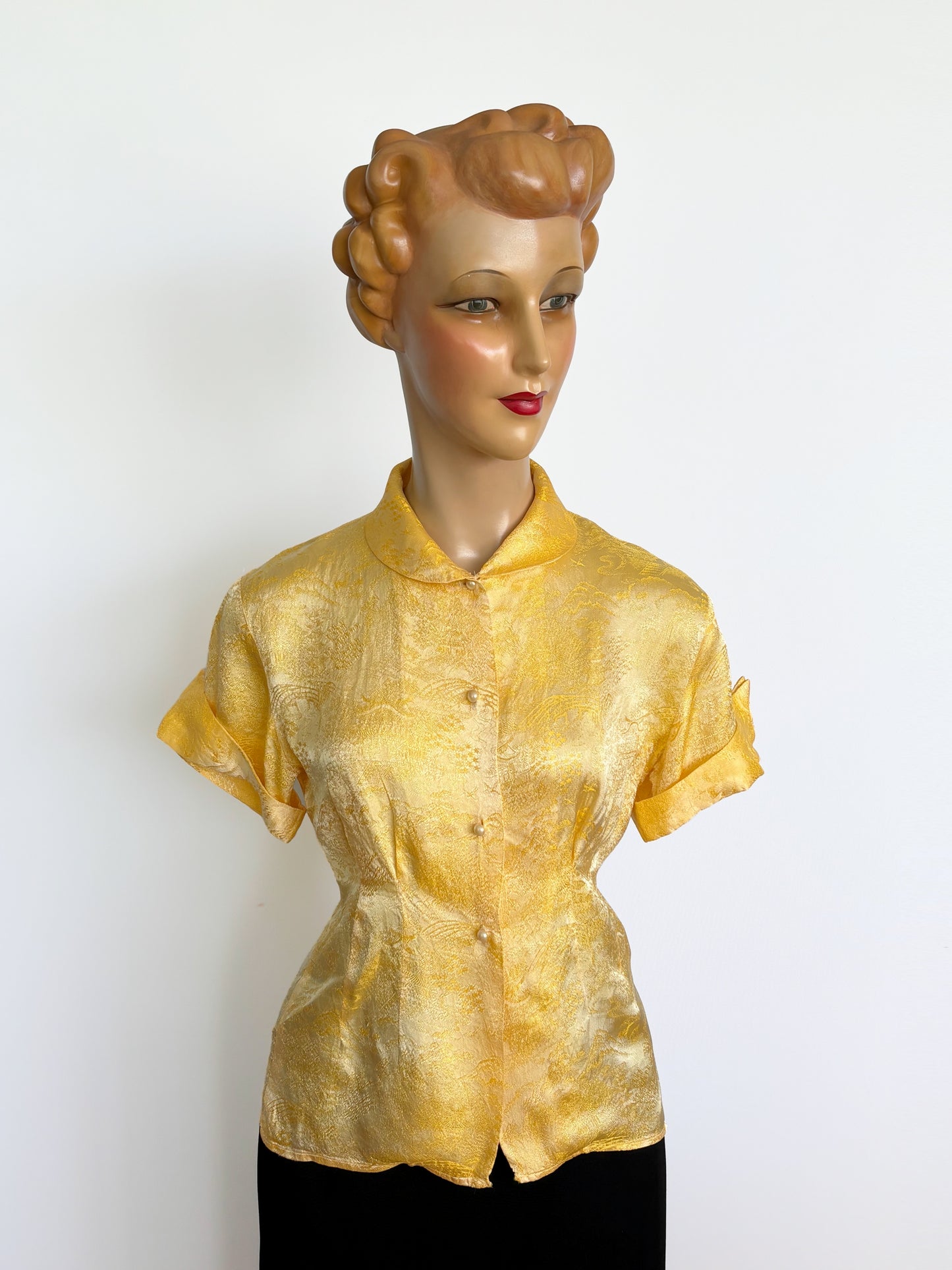 1950s/60s Yellow Gold Asian Style Brocade Blouse | S/M