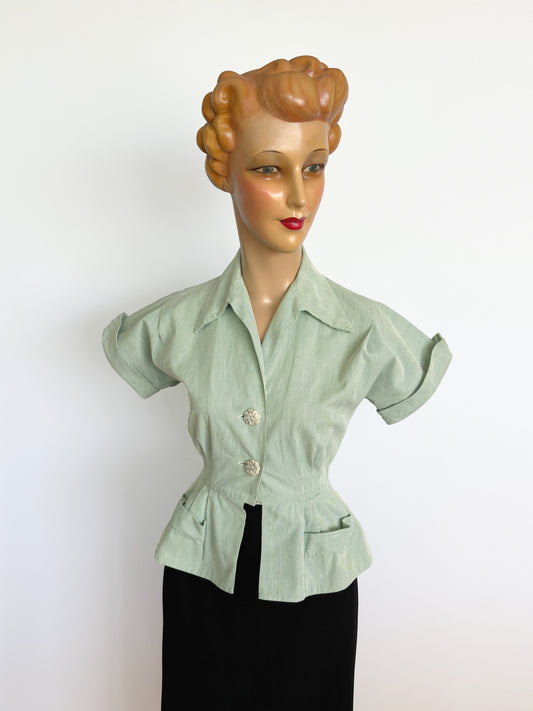 1940s Green Striped Peplum Blouse | Size Extra Small