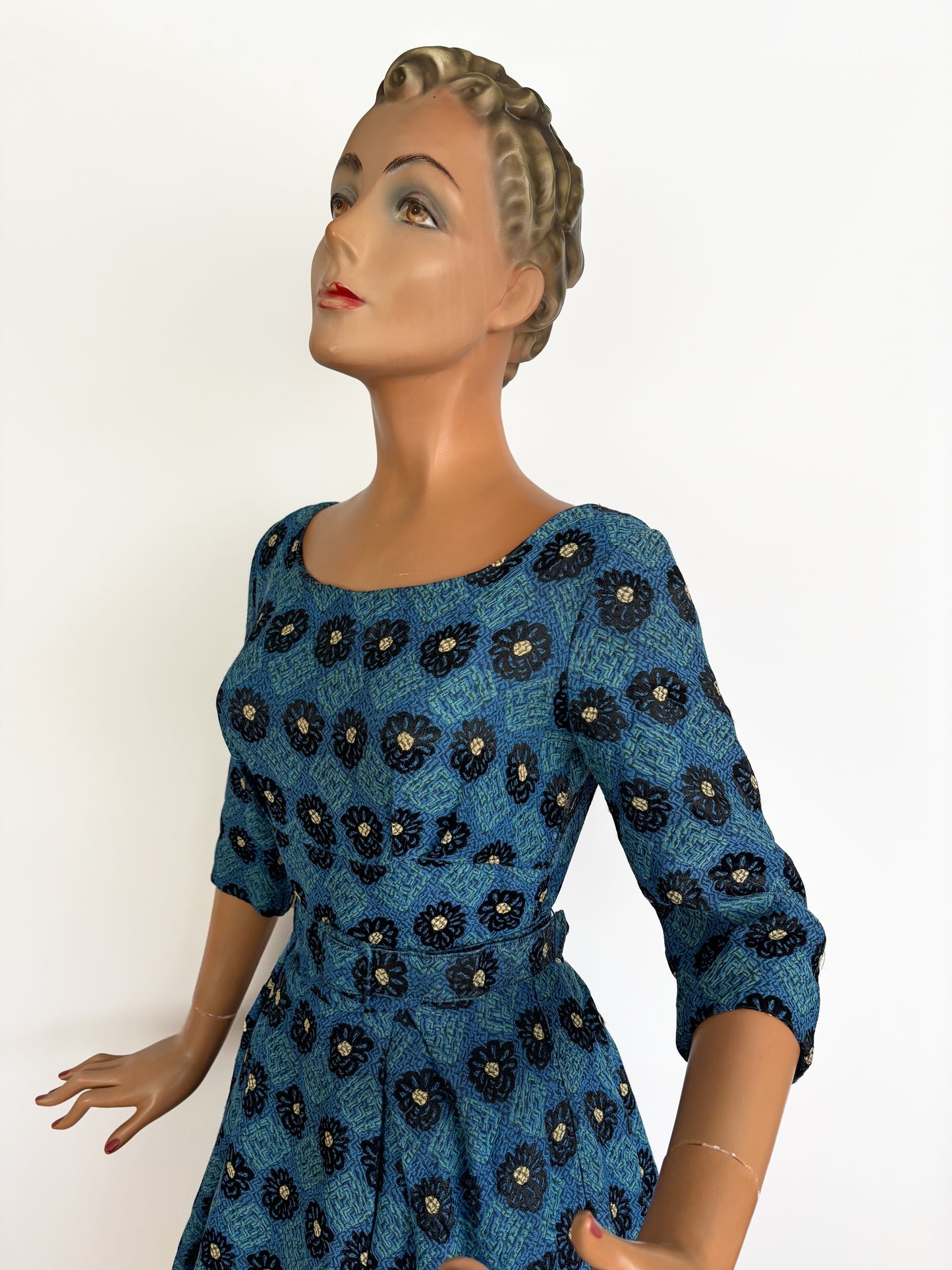 XS/S | 1950s Teena Paige Blue Jacquard Dress