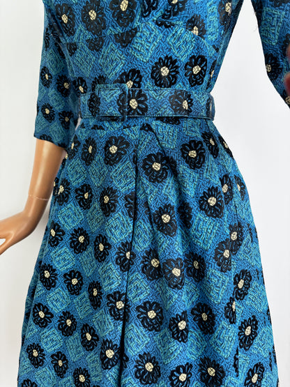 XS/S | 1950s Teena Paige Blue Jacquard Dress