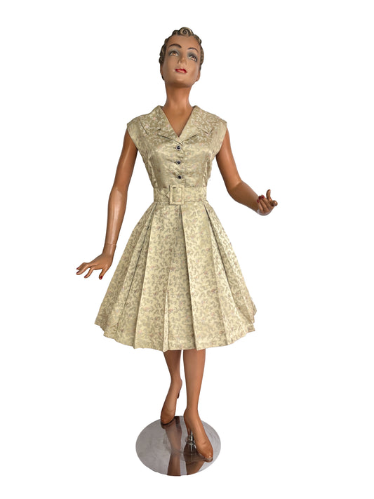 S/M | 1950s Satin Brocade Dress With Belt