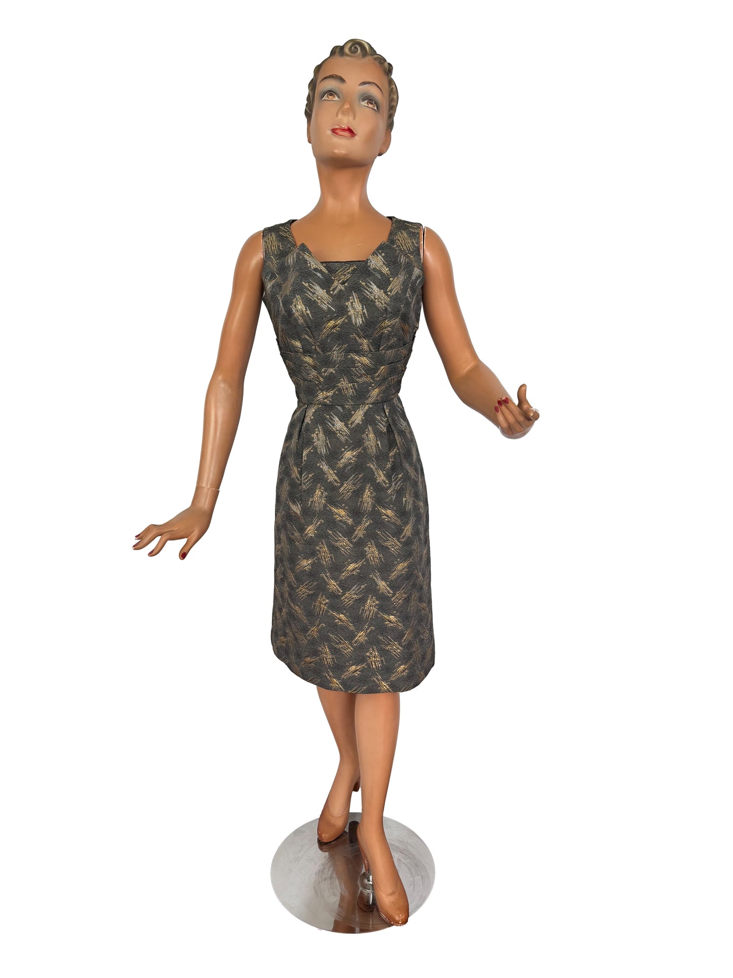 M | 1950s/60s Magnita Grey and Gold Cocktail Dress