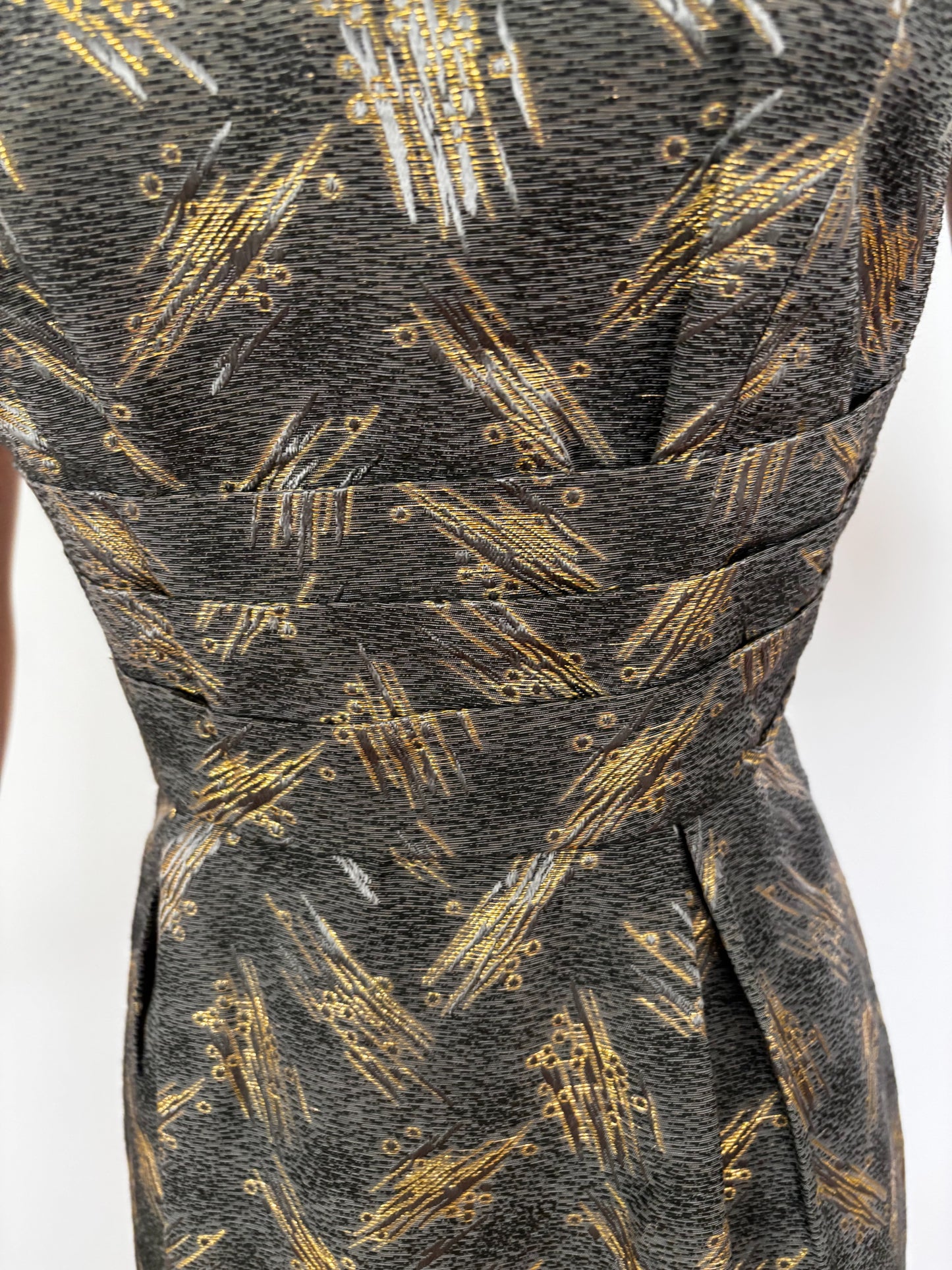 M | 1950s/60s Magnita Grey and Gold Cocktail Dress