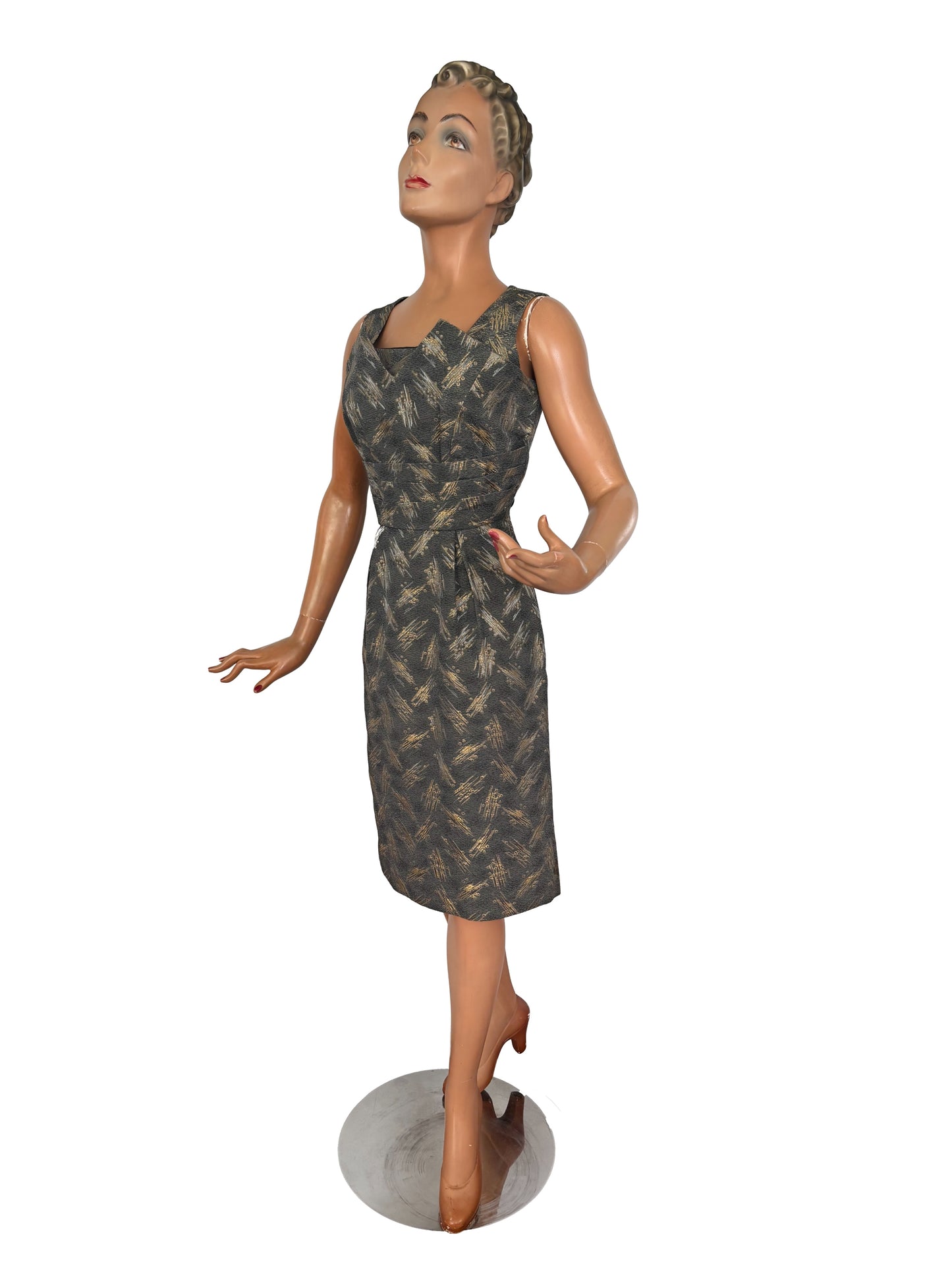 M | 1950s/60s Magnita Grey and Gold Cocktail Dress