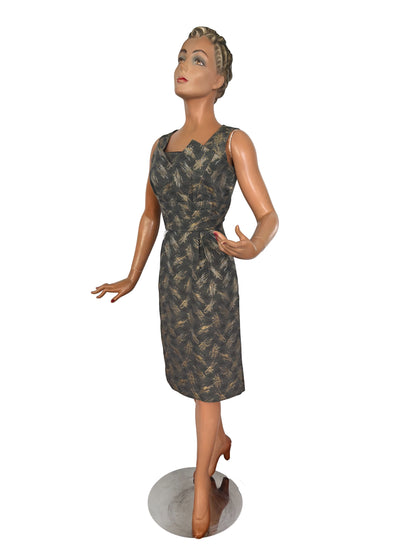 M | 1950s/60s Magnita Grey and Gold Cocktail Dress