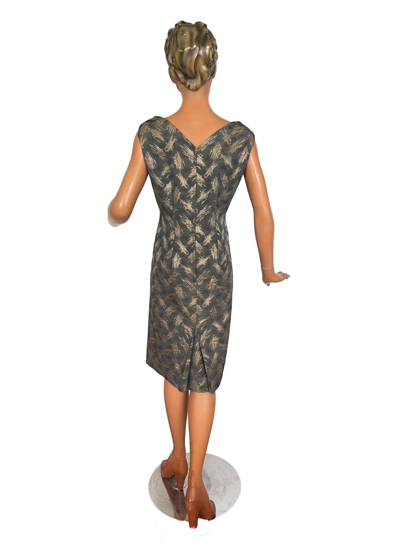 M | 1950s/60s Magnita Grey and Gold Cocktail Dress