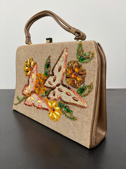 1960s Caron of Houston Hand Decorated Butterfly Handbag